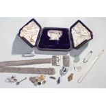 Mixed objects, to include a miniature funnel, a buckle, coins, pen knife, bowl and spoon case and