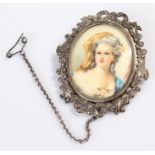 Miniature, the miniature of a lady held within a white metal frame and marcasite set