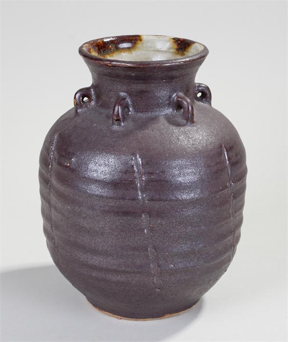 Bernard Forrester (1908-1990) vase with a charcoal ribbed body, short loop handles, F signed to