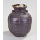 Bernard Forrester (1908-1990) vase with a charcoal ribbed body, short loop handles, F signed to