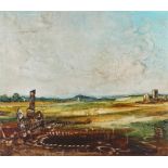 Anthony Egan, a landscape with organic and man made forms, signed, oil on board 61x51cm