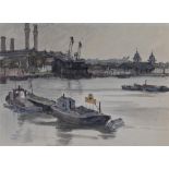 Fyffe Christie (1918-1979) Thames at Greenwich, pen and watercolour, 34x25cm