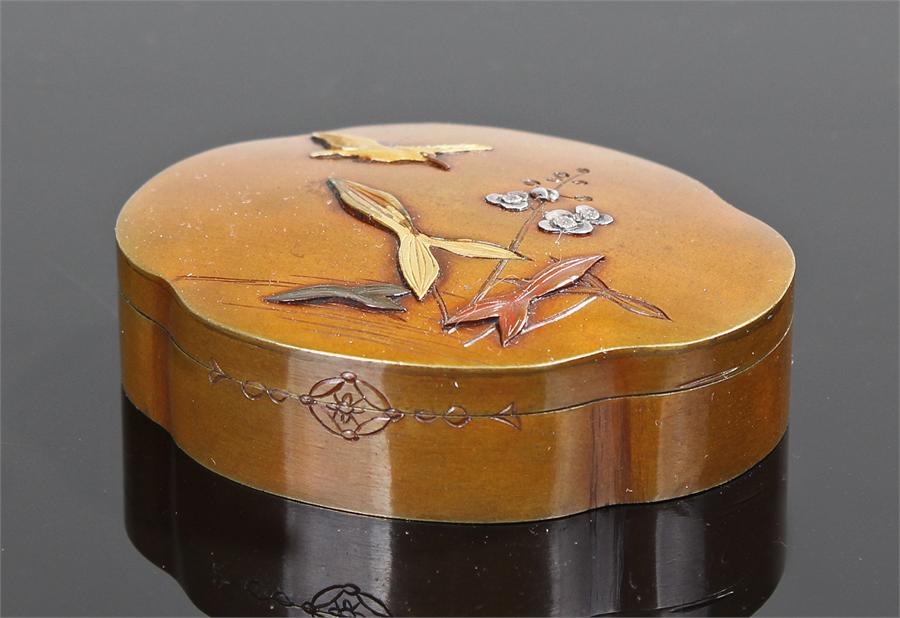 Japanese Meiji period bronze container, decorated with gold, silver and lacquer to the lid