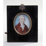 British school, 19th Century miniature, gentleman wearing a red jacket, oil on ivory, the