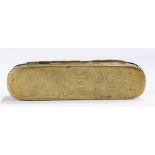 18th Century brass tobacco box, with a biblical scene to the lid, 18cm long