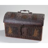 Domed casket, decorated with religious figures and panels with trailing foliate plants, velvet lined