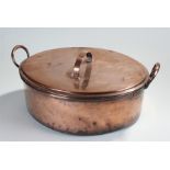 Large Victorian copper fish kettle, the oval kettle with lid and internal strainer 50cm x 44cm