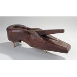 19th Century treen catapult carved in the form of a shoe with an inset beam and circular end, 42cm