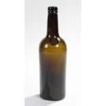 Three part moulded glass bottle, narrow bodied, deep-olive amber glass bottle with tapering neck and