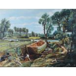 Edgar S Nucum, (20th Century) Boat Yard by a River, signed oil on canvas, 60cm x 45cm