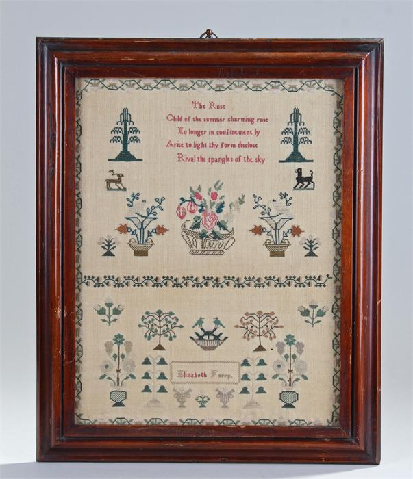 George III sampler, by Elizabeth Ferry, with a red poem, flowers, trees, and animals, 29cm x 39cm