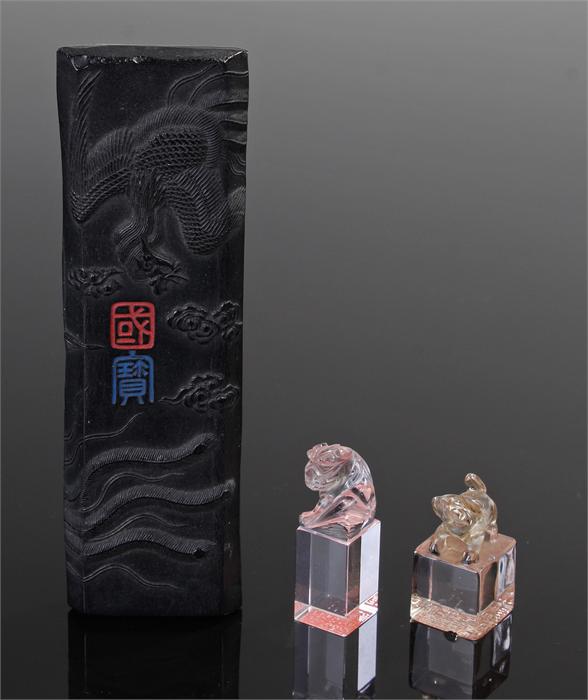 Two Chinese seals, with carved dogs of Foo, together with a Japanese bird block with character