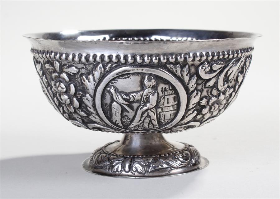 19th Century Northern Europeon silver bowl, embossed with hunting scenes among flowers and fruits, - Image 2 of 5