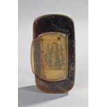 19th Century horn snuff box, the hinged lid with an enclosed religious picture above the rectangular