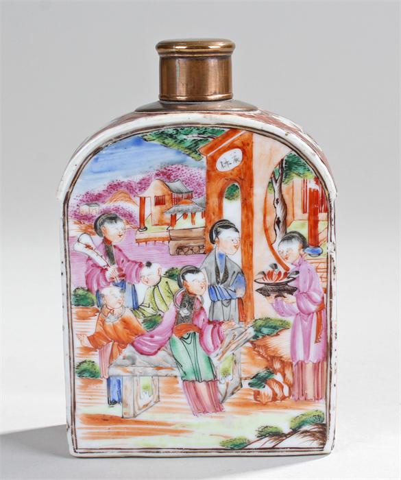 19th Century Chinese Canton porcelain tea canister, the copper top above a figural porcelain body,