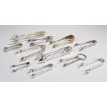 Collection of silver plated sugar tongs, various styles and makes, some with claw ends, shell ends