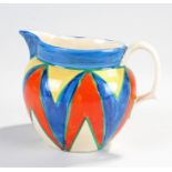 Clarice Cliff Bizarre jug, Newport Pottery, the hand painted jug decorated with yellow, blue and red