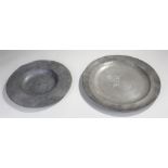 19th Century pewter charger 41cm wide, and a broad rim and deep bowl, 35cm wide, (2)