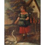 Rare early 19th Century primitive American oil on canvas, of a girl and swan in a garden, a