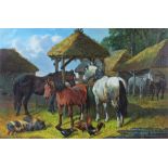 Edgar S Nucum, (20th Century) Horses by a Stable, unsigned oil on canvas, 87cm x 57cm