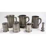 Seven pieces of pewter to include a quart measure marked on the base RG Thompson Tollgate Bury St