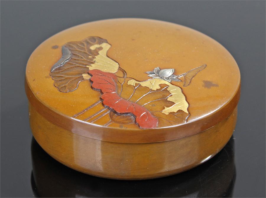 Japanese Meiji period bronze container, decorated with gold, silver and lacquer to the lid