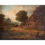 Early 19th Century oil on board, of a rural scene with a cottage in a gilt frame. Including frame 29