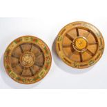 Two Pope Joan Regency boxwood gaming boards, the bowls rotating on a raised foot, used in the 18th