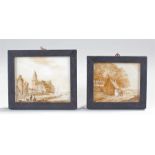 Two sepia drawings of landscapes on ivory plaques