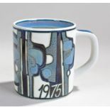 Royal Copenhagen mug, decorated with abstract design and dated 1975, silver roundel set to the