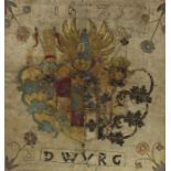 A rare 17th Century continental silkwork armorial. '1625' embroidered at top with initials 'DWVRG'