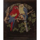 19th Century framed woolwork of a pair of parrots surrounded by leaf motif on a brown background.