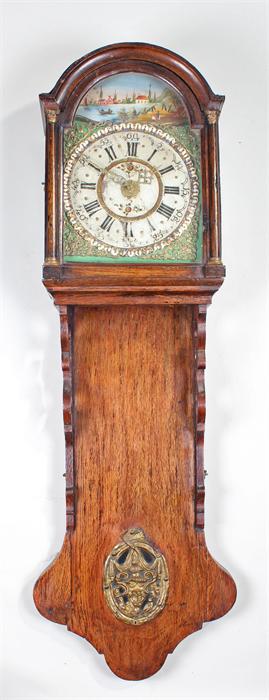 Dutch oak Staartklok wall clock, circa 1850, the arched hood above an arched glazed , the painted