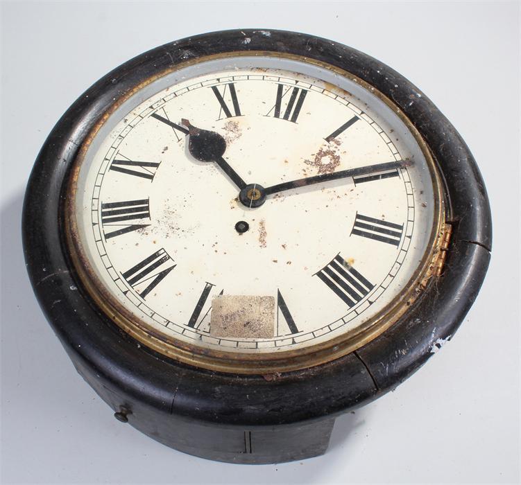 Victorian oak wall clock, the circular case with a white enamel dial, Roman numerals, single fusee