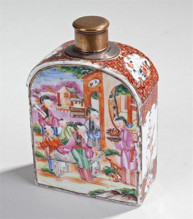 19th Century Chinese Canton porcelain tea canister, the copper top above a figural porcelain body, - Image 2 of 2