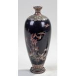 Japanese Meiji cloisonné vase, decorated with a deep blue ground, birds flying with a four character