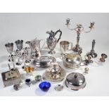 Silver plated wares, to include a pair of candelabra, goblets, dishes, jugs, etc, (qty)