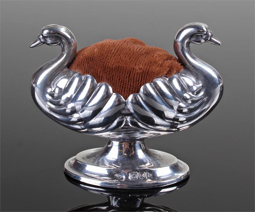 Victorian silver novelty pin cushion, London 1876, maker Maurice Freeman, modelled as two swans on a