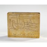 Circa 1840 brass tinderbox, the top engraved with monkeys fighting in a tavern with the text "Take