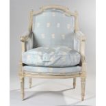 Louis XVI painted armchair, the arched back with finial ends above a pad back scroll pad arms and