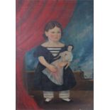 Large 19th Century Primitive oil on canvas, English school, naive portrait of a girl and her doll in