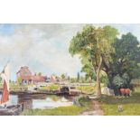 British School, Mill and canal scene, unsigned oil on board, 69.5cm x 46cm