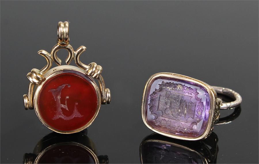 Two seals, to include a 19th Century yellow metal seal with monogram, together with an agate - Image 2 of 2