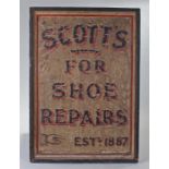 Victorian shoe shop sign "SCOTTS FOR SHOE REPAIRS, EST'd 1887" hand painted on canvas with frame