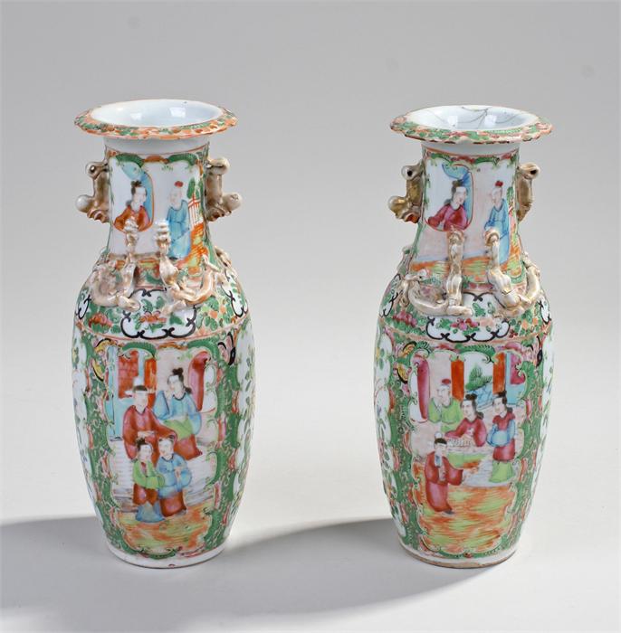 Pair of 19th Century Chinese Canton vases, the polychrome painted vases with figural pictures,