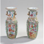 Pair of 19th Century Chinese Canton vases, the polychrome painted vases with figural pictures,