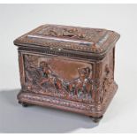 Victorian copper jewellery casket, decorated with hunting scenes, knights, a man been thrown into