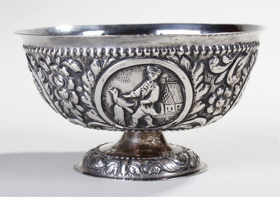 19th Century Northern Europeon silver bowl, embossed with hunting scenes among flowers and fruits, - Image 4 of 5