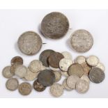 Collection of coins, to include pre 1920 Three Pence coins, three coin brooches, George III