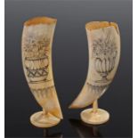 Pair of 19th Century scrimshaw whales teeth, the engraved pen work decoration with urns blooming